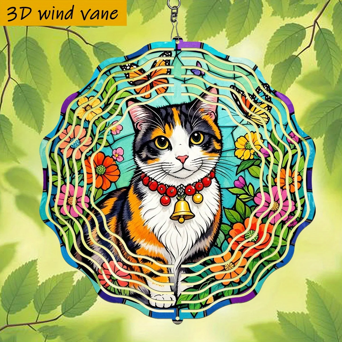 CIFBUY Calico Cat With Bell Colorful Floral Wind Spinner Metal Hanging Ornament 3D Rotating Decor for Outdoor Yard Garden Patio