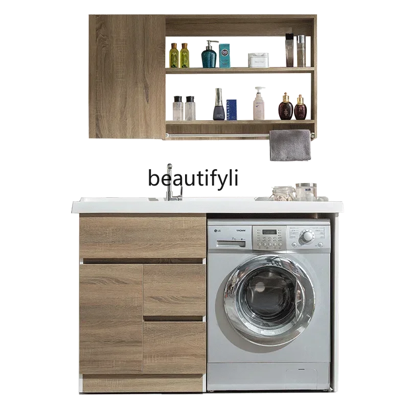 TTSolid Wood Washing Machine Cabinet, Balcony Laundry Combination Of High And Low Basins Basin And Pool With Rubbing Board53