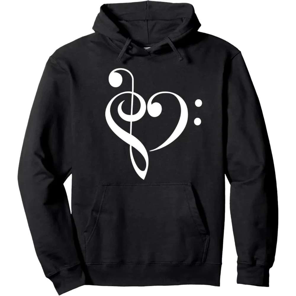 I Love Music Heart Treble Bass Clef Pullover Custom Graphic Hoodie Unisex Harajuku Streetwear Fall Winter Long Sleeve Tops