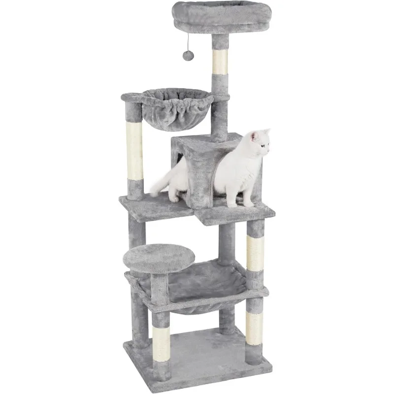 54-Inch Cat Tree Tower for Indoor Cats, Plush Multi-Level Cat Condo with 5 Scratching Posts, Pompom, One Round Hammock