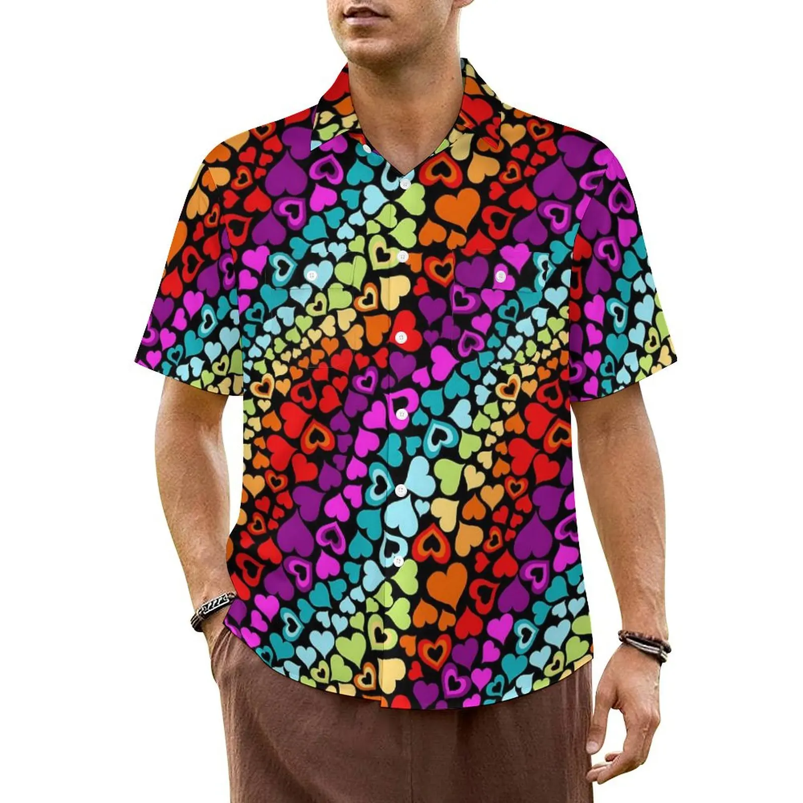 

Rainbow Love Hearts Casual Shirt Valentine Elegant Hawaii Shirts Male Short Sleeve Beach Y2K Funny Printed Oversize Blouses