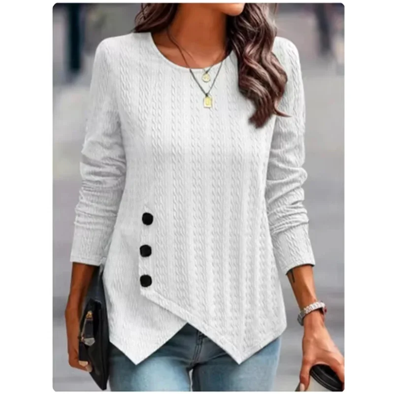 Top de manga larga con cuello redondo para mujer, camiseta de Jacquard con botones de Color sólido, Top elegante de tendencia de otoño