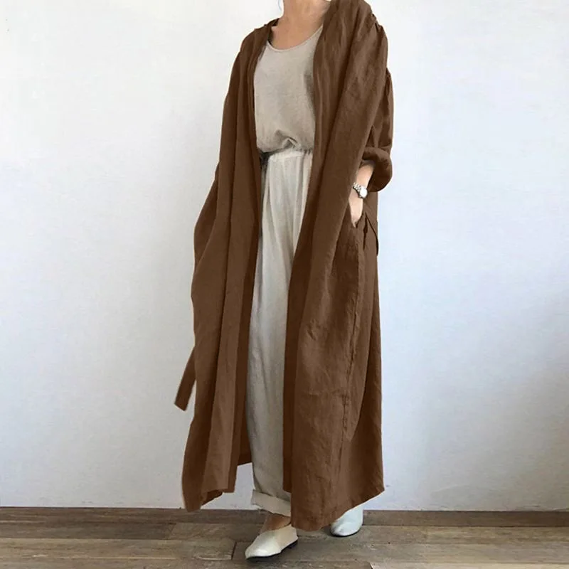 

Elegant Long-sleeved Cardigan Windbreaker Coat For Women Autumn Winter Fashion Casual Lace Up Solid Color Long Windbreaker Coats