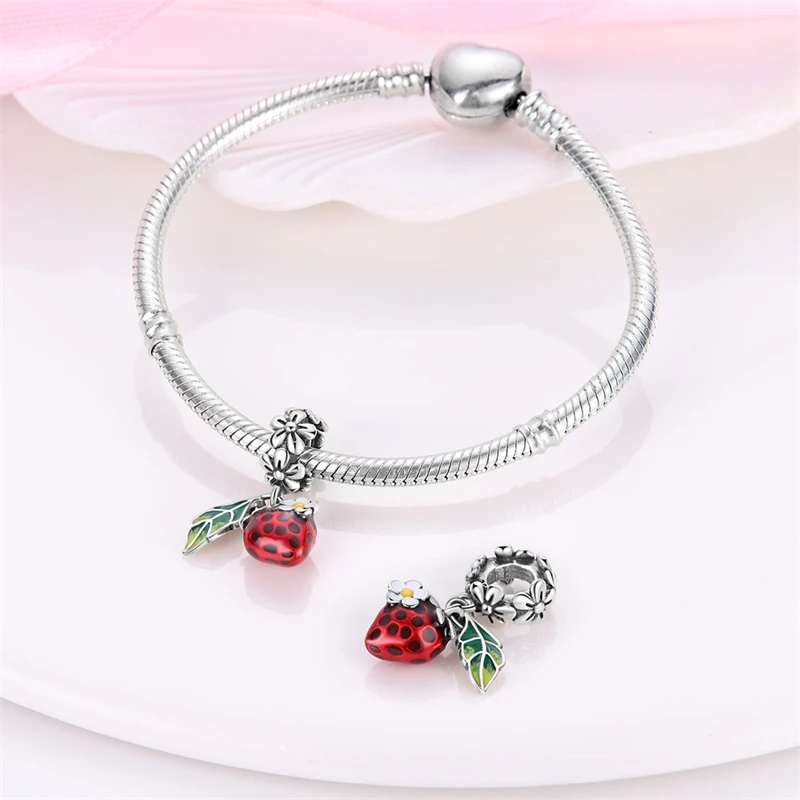 100% 925 Sterling Silver Fashion Coffee Donut Strawberry Afternoon Tea Charms Bead Fit Pandora 925 Oryginalna bransoletka DIY Biżuteria