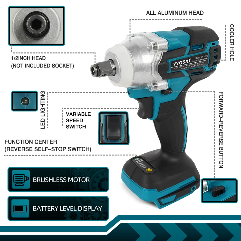 VVOSAI MT-Series 20V Brushless Cordless Electric Impact Wrench Rechargeable 1/2 Socket Wrench Power Tool For 18V Makita Battery