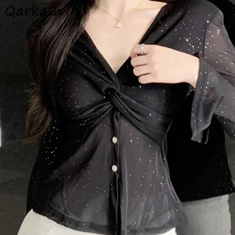 Charming T-shirts Women Sheer Slim Korean Style Long Sleeve Fashion Leisure Simple Designer Temperament Female All-match Chic