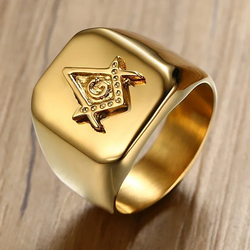 Gold Plated Stainless Steel High Polish Freemasonry Masonic Signet Ring for Men