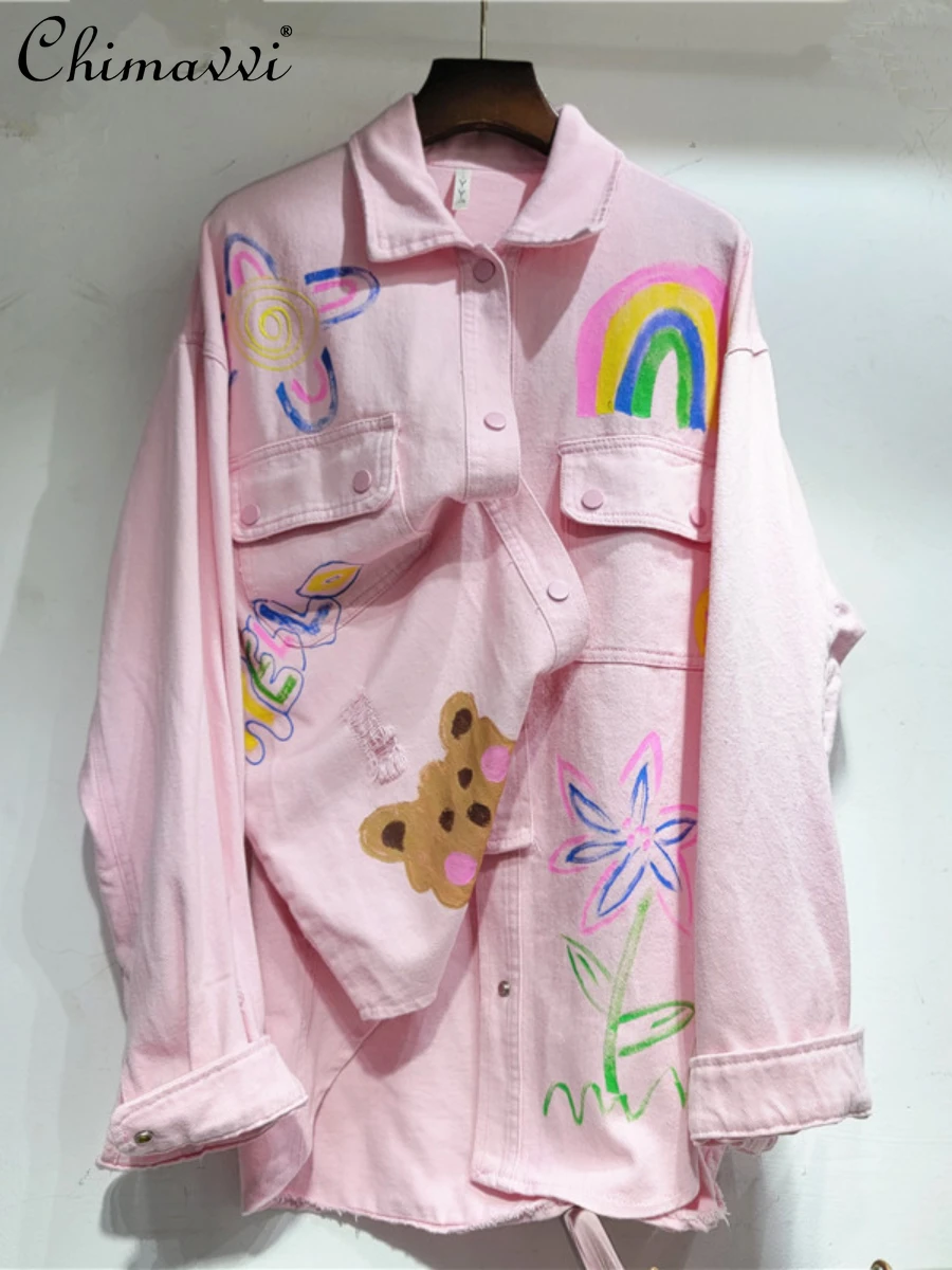 

European Station Jacket Denim Coat Women 2024 Spring Autumn New Korean Fashion Graffiti Loose Oversized Long Sleeves Jackets Top