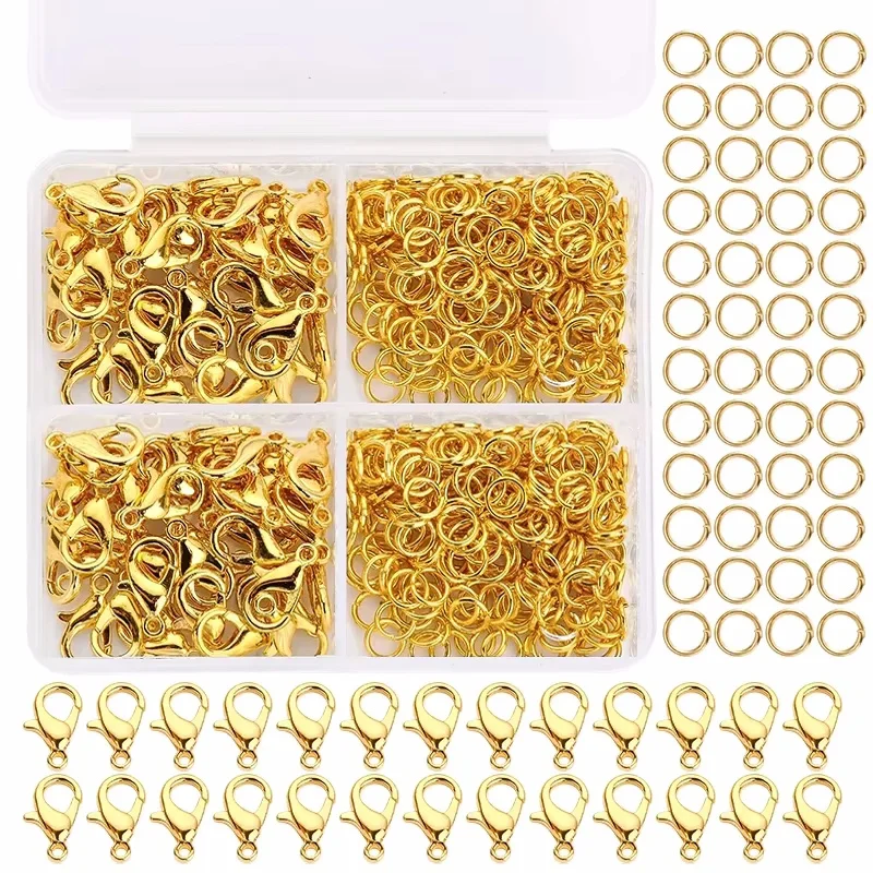 300pc Jewelry Making Connect Kit Durable Lobster Clasps & Jump Rings with Storage Box for DIY Chain Necklace Bracelet Supplies