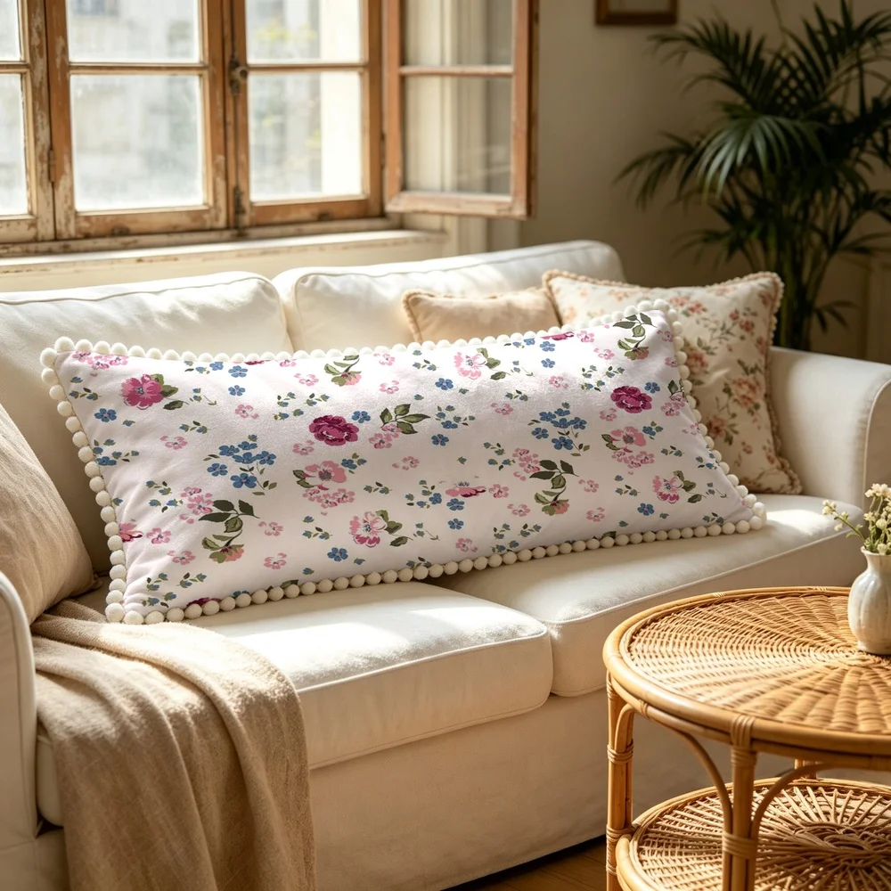 1PC Dark Blue Background with Red Flowers and Green Leaves, Rich American Vintage Floral Long Pillow Cover with Pom Pom Trim