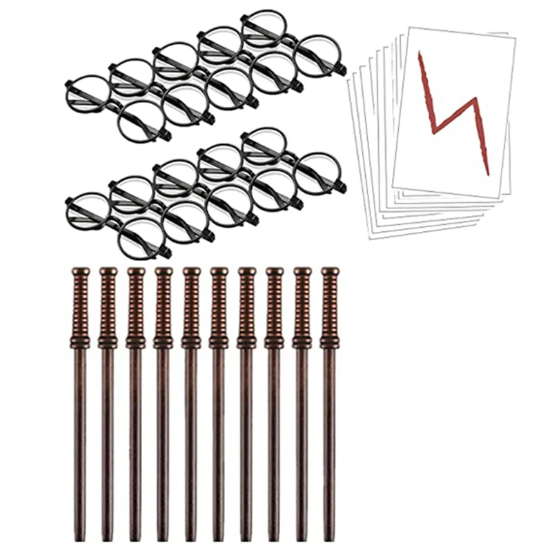 30 Pcs Wand Pencils Bolt Tattoos Stickers Costume Glasses with Round Frame Party Supplies Set Wizard Wand