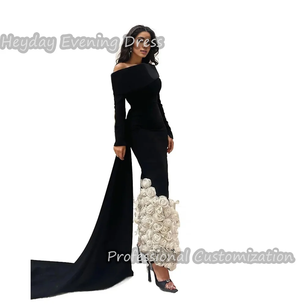 

Heyday One Shoulder Saudi Prom Gown Flower Party Crepe Long Sleeves Straight Ankle Length Elegant Dress For luxurious Woman 2024