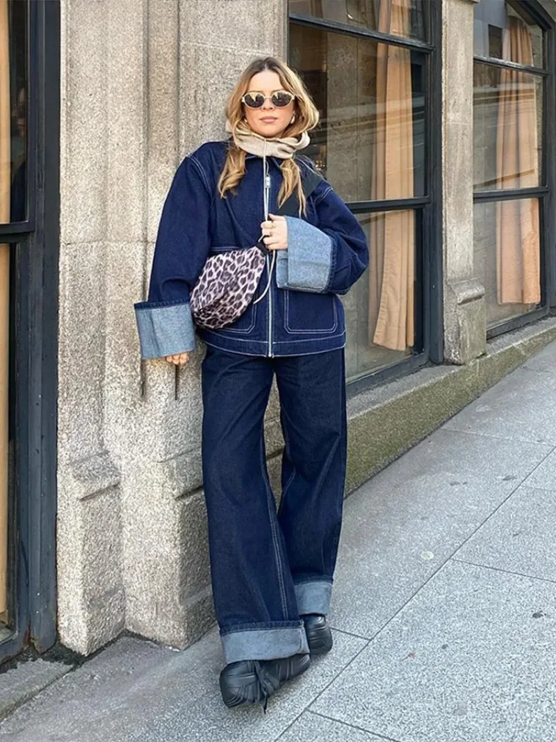 Fashion Zipper Tasche Denim Hosen Sets Frauen Lose Revers Volle Hülse Jacke Breite Bein Jean 2025, Frühling Dame High Street Outfits