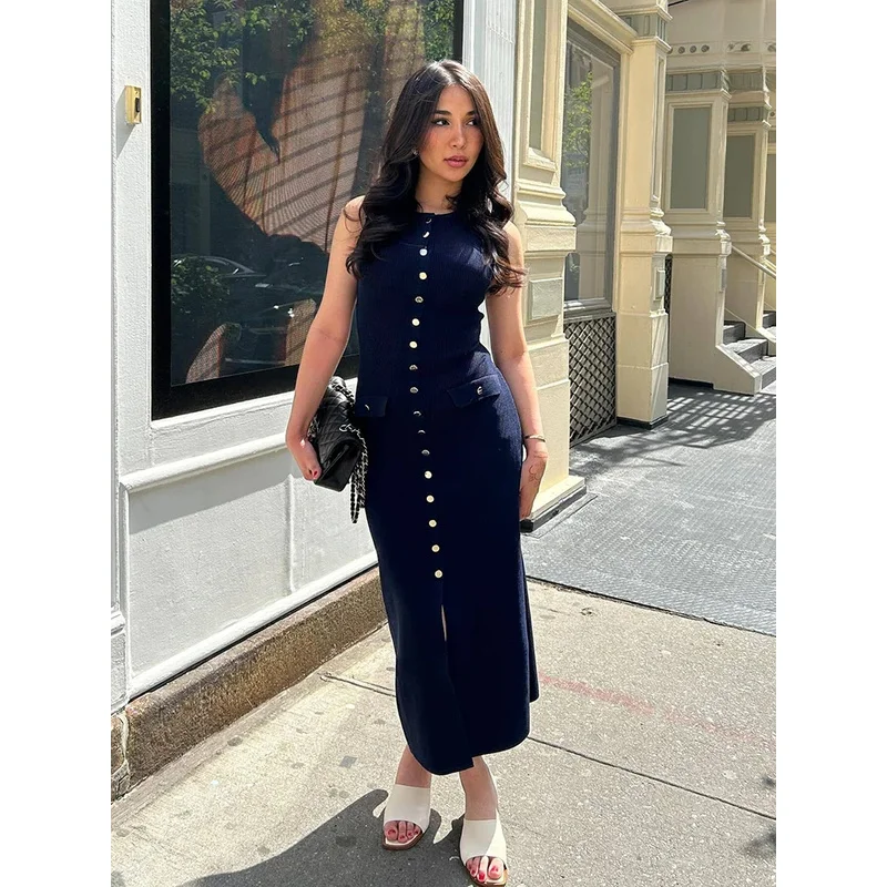 Bonny Abito lungo aderente lavorato a maglia estivo senza maniche o collo da ufficio elegante con tasche finte