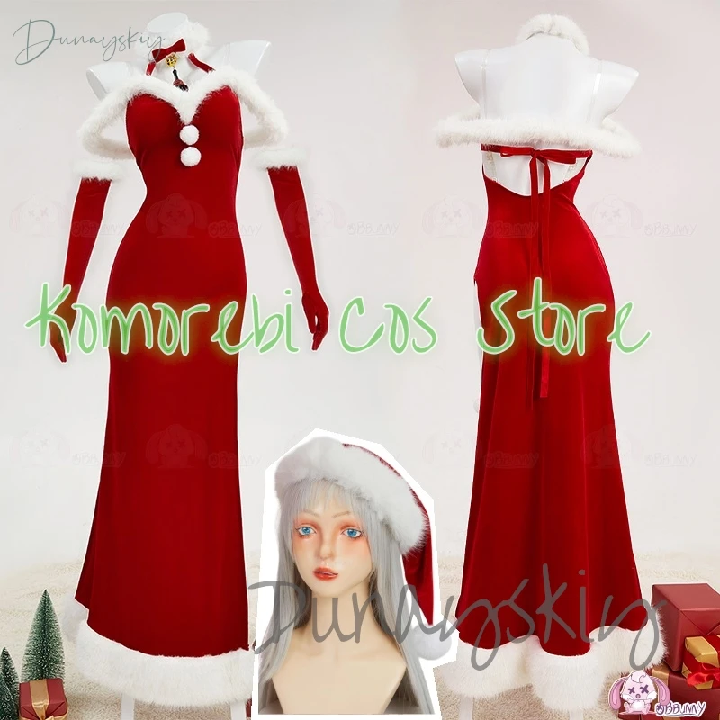 Women Red Christmas Cosplay Costume Women Lingerie Dress Plush High Split Backless Long Dress with Hat Gloves Customized