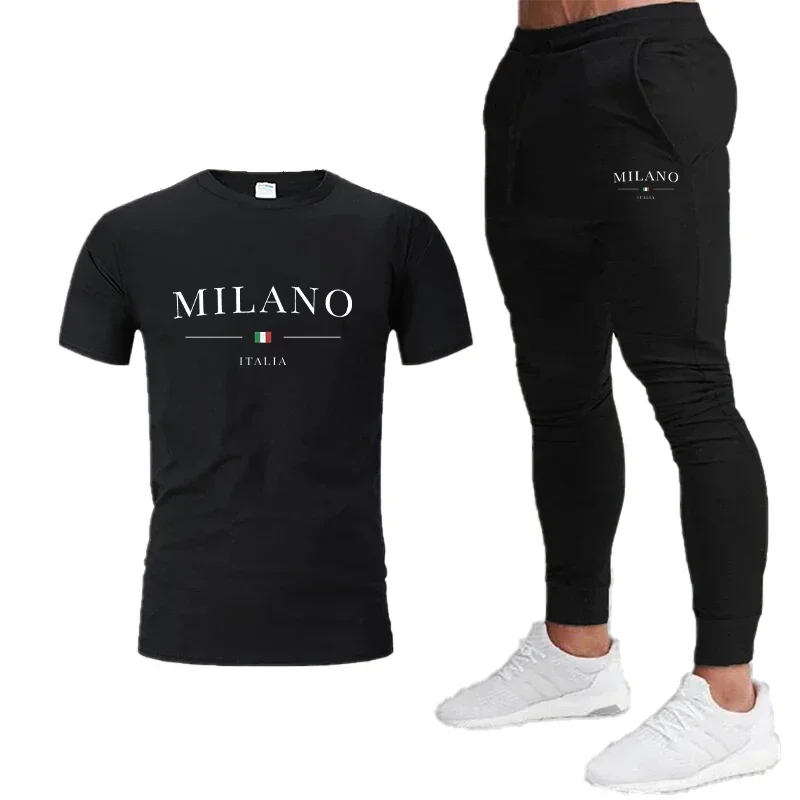 2025 summer loose soft fitness jogging two-piece new men's Milan letter print short-sleeved T-shirt + sweatpants suit