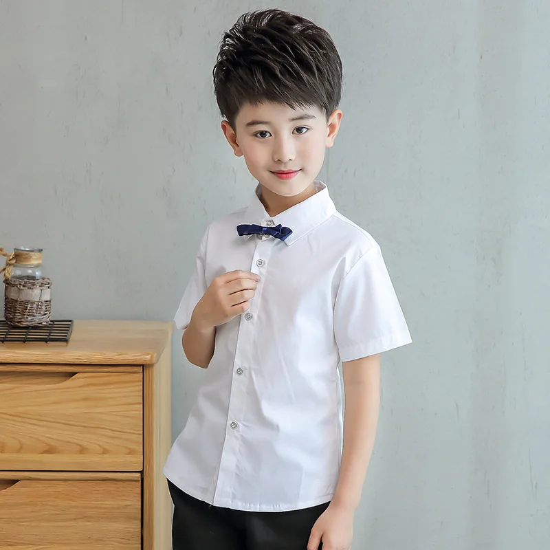 Teenage Boys White Shirt Summer 2022 Cotton Bow Design Boys Shirt Short Sleeve Big Boy Button Down Shirts Children Tie Blouse