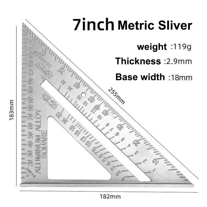 7“Woodworking Square Metric Triangle Ruler Made of Aluminium 90 Degree Thin Style Triangle Protractor for Carpenter Roofer