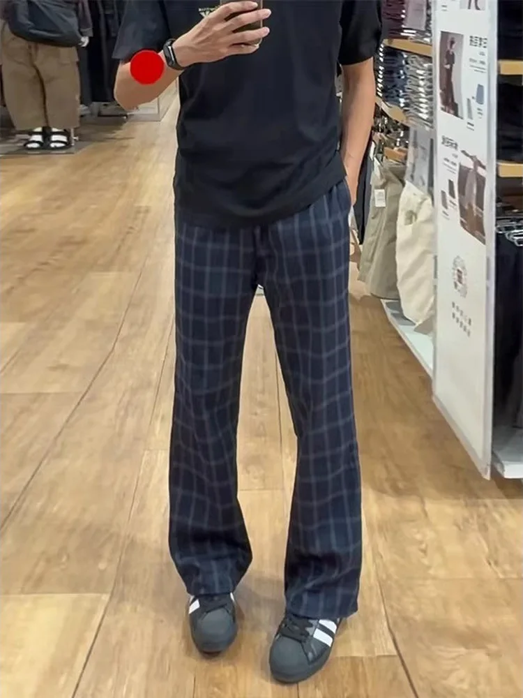 Blue Plaid Pants Men's Summer Casual Straight Leg Long Trousers Visual Lengthening Sports Leisure Pants for Men