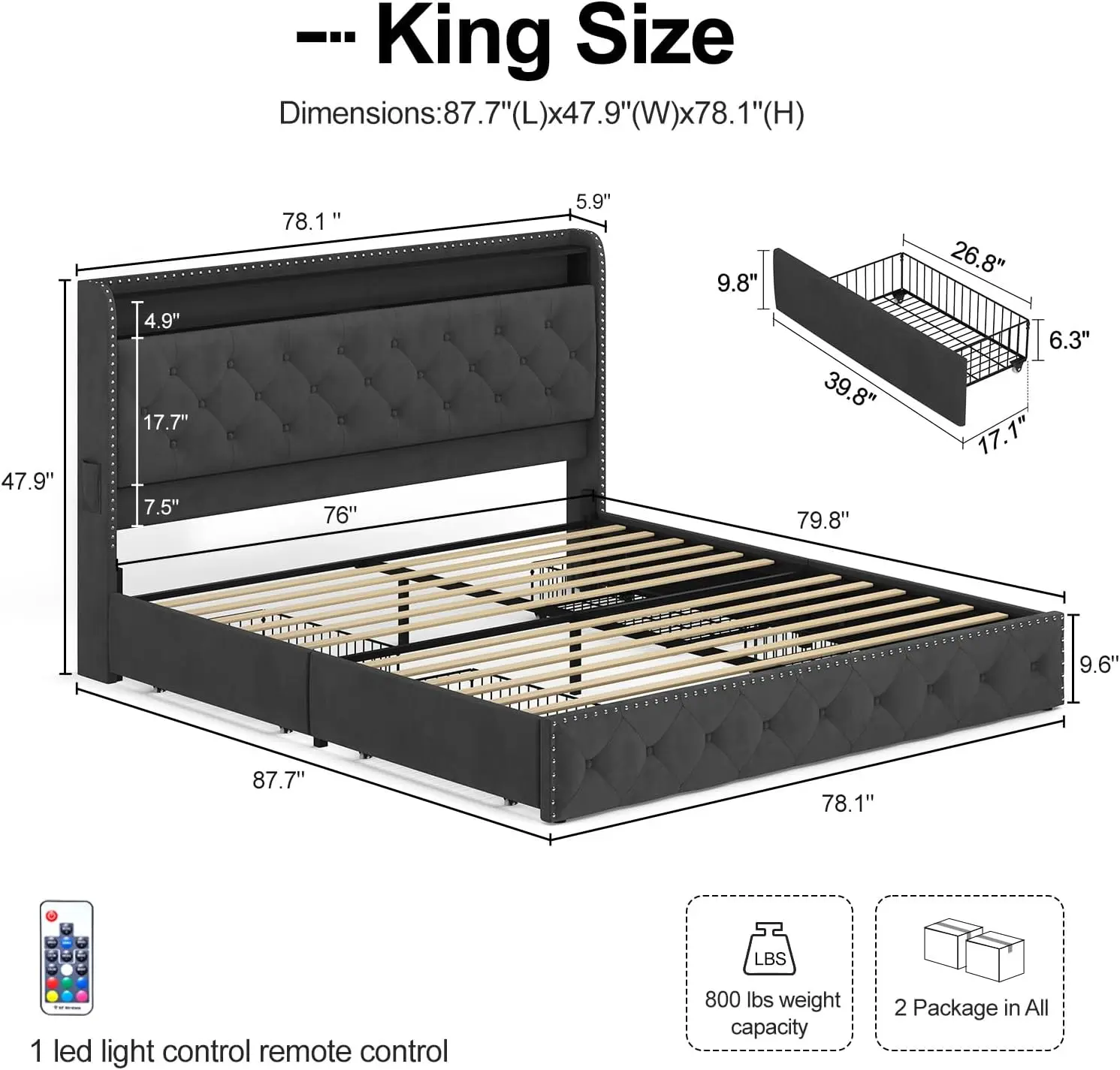 Cadre de lit king size avec station de recharge, lit à plateforme en velours, planche de sauna à LED, sans bruit, 4 égouts de proximité de stockage