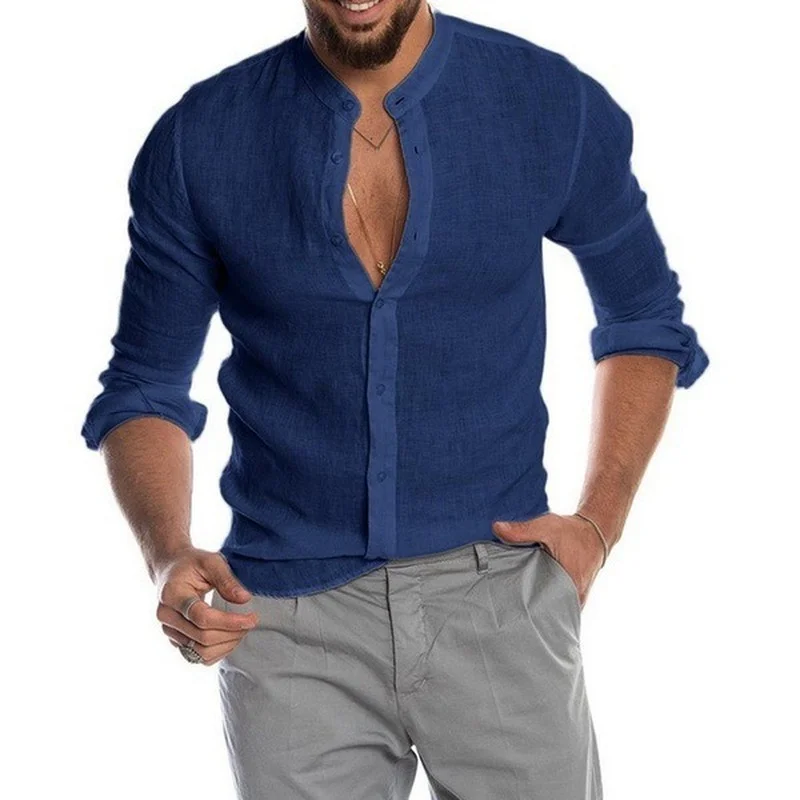 New Men\'s Fashion Casual Solid Color Shirt Pullover Button Linen Cotton Comfortable Daily Top Long Sleeve Shirt