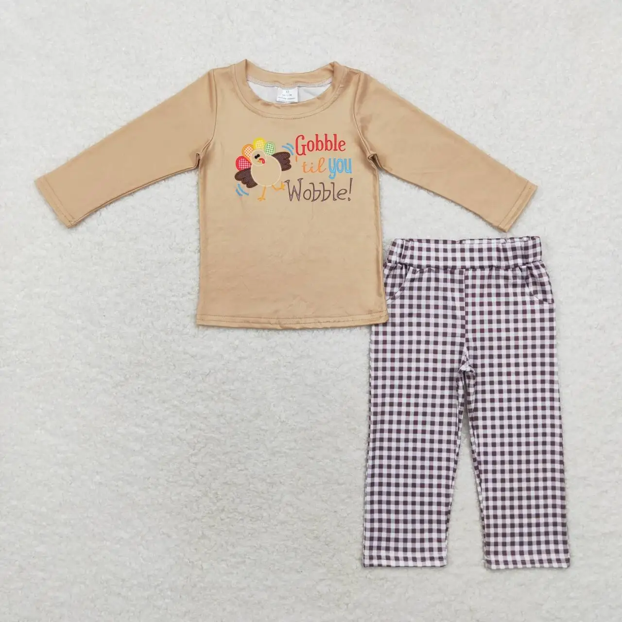 

RTS Baby Boys Toddler Thanksgiving Gobble Turkey Holiday Tee Shirts Children Pants Western Checkered Pants Outfits Clothes Sets