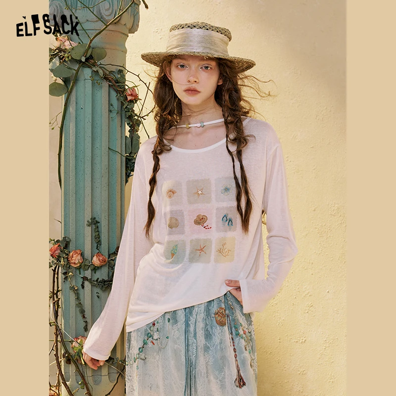 ELFSACK Women's Long Sleeve Graphic T-shirt with Sea-themed Grid Print, Loose Casual White Tee for Everyday Wear