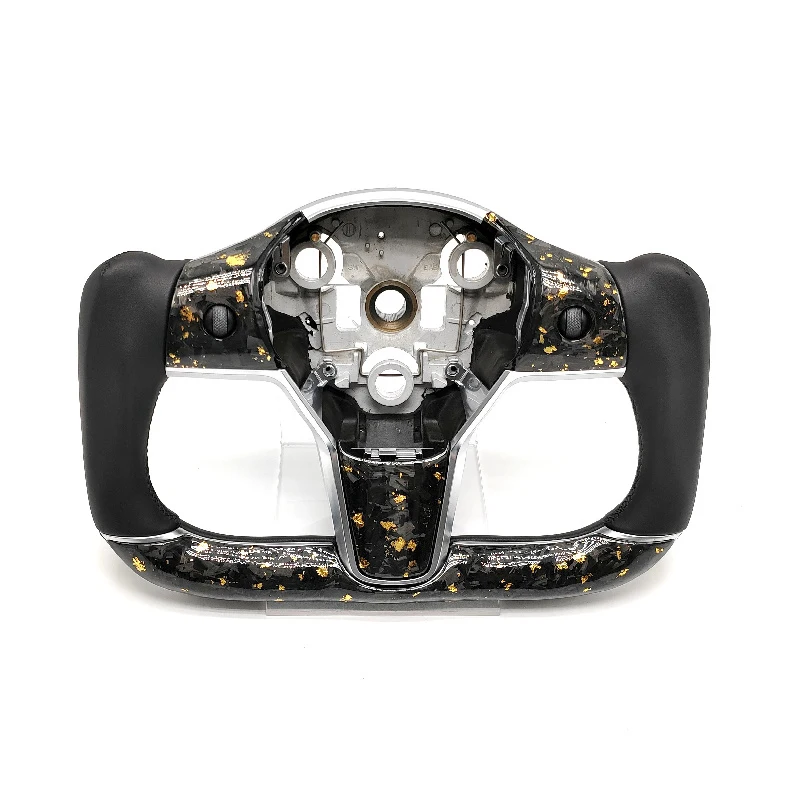 Forged Carbon Fiber Steering Wheel with Heating, Gold Leaf Design, Carbon Bottom Spoke Top Cover, Upgrade Fit for Car Model