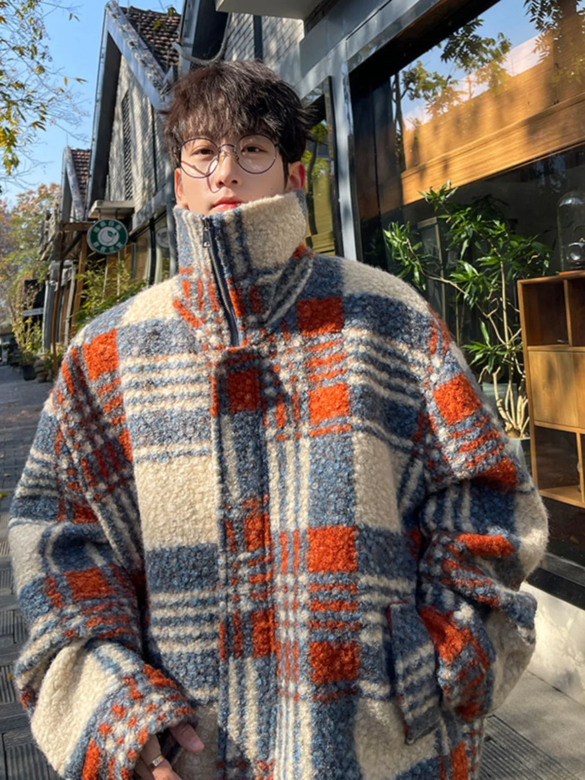 

Modern Sle Plaid Men's Coat Autumn Winter Thiened Woolen Cotton Jaet Stand Collar Lamb Fur Coat Casual Outerwear