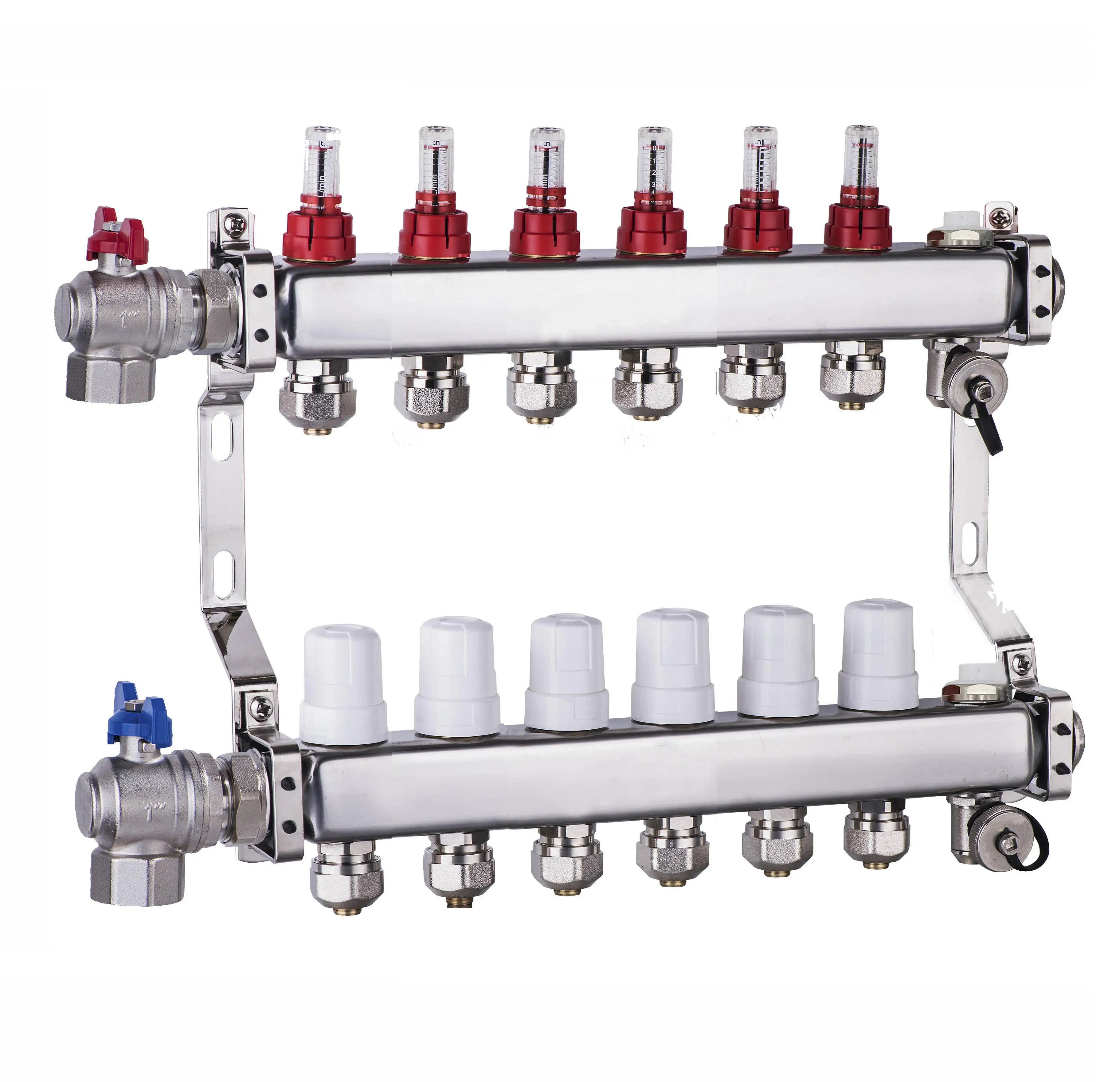 7-Branch Stainless Steel Traditional Design Hydronic Radiant Underfloor Heating Flow Meter Manifold Water Resistant for 1