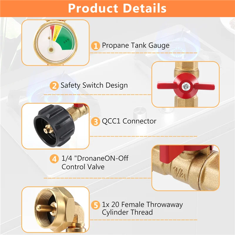 Propane Refill Adapter With Valve And Gauge, Fill 1 Lb Bottles From 20 Lb Tank, 90-Degree Elbow Design, Easy To Use-ABHG