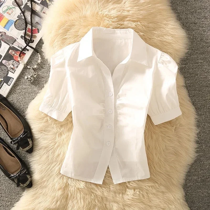 Y2K Chiffon Women Shirts Korean Casual All-Match Female Slim Puff Sleeve Top Summer Fashion Office Ladies Blouse New