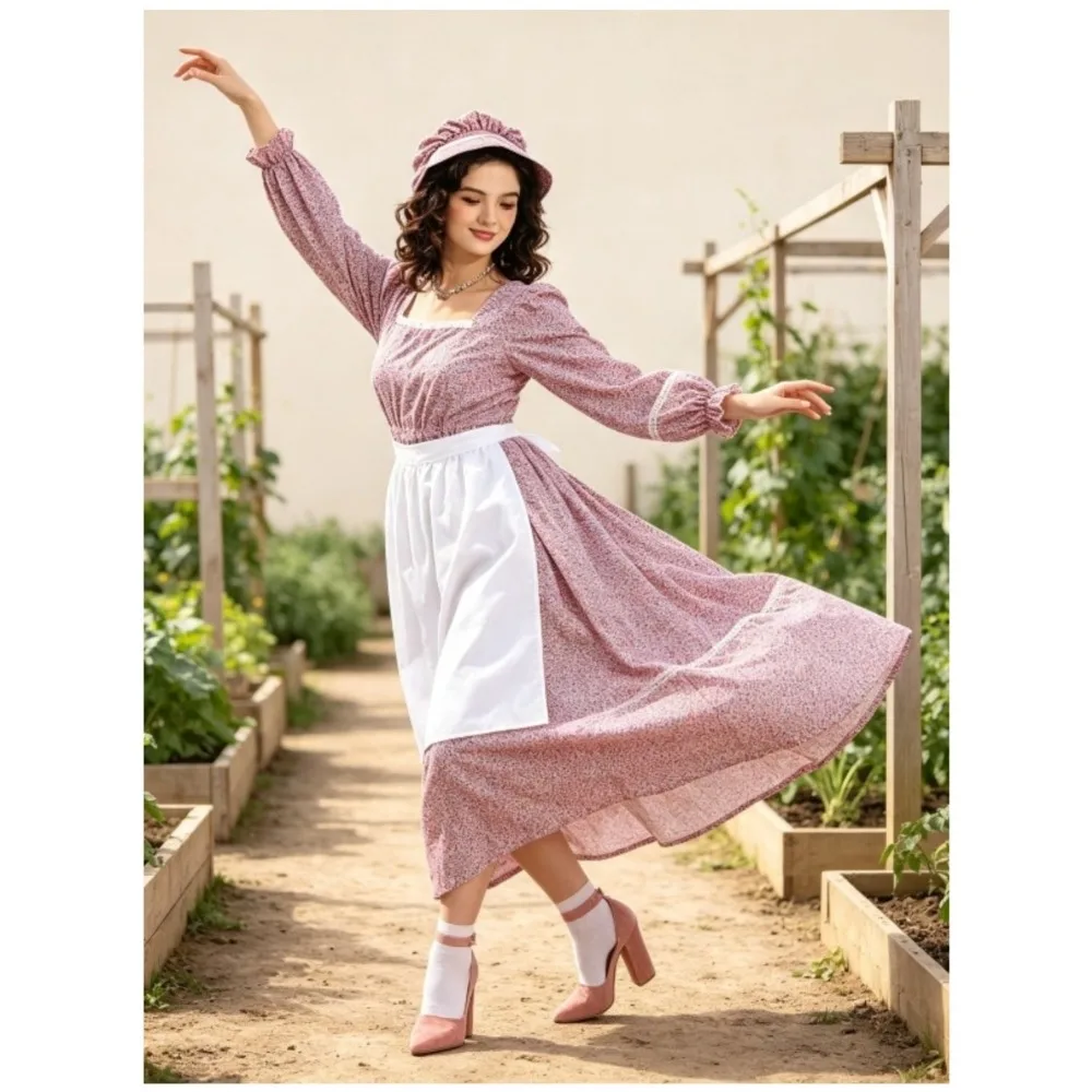 Teenagers Aged 14 and Above Women's Pioneering Colonial Style Clothing with Lace Border Flower Grassland Dress