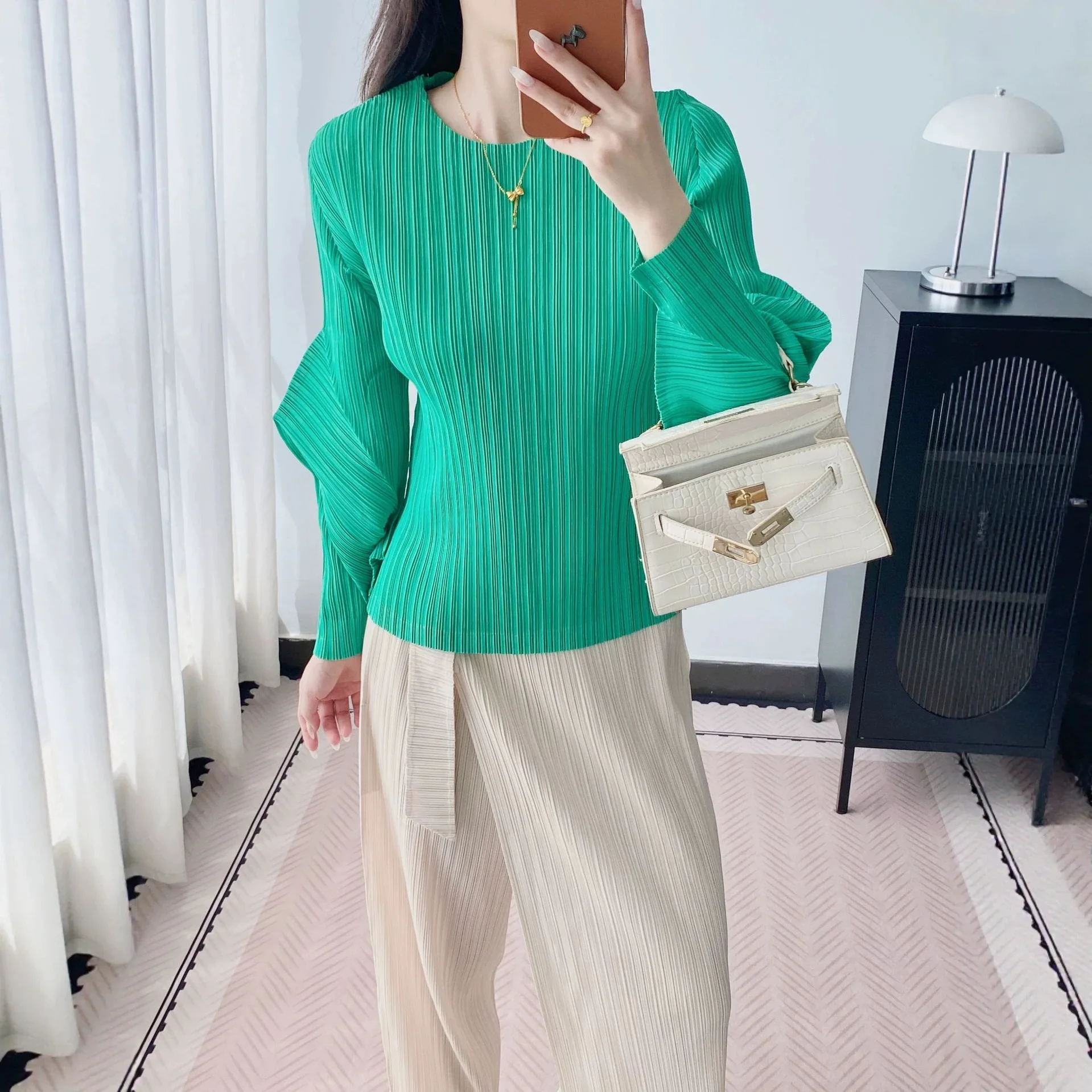 Miyake‑Inspired Pleated Blouse Women Round Neck Asymmetric Split Long Sleeve Slim Wrinkle‑Resistant Casual Pullover Top