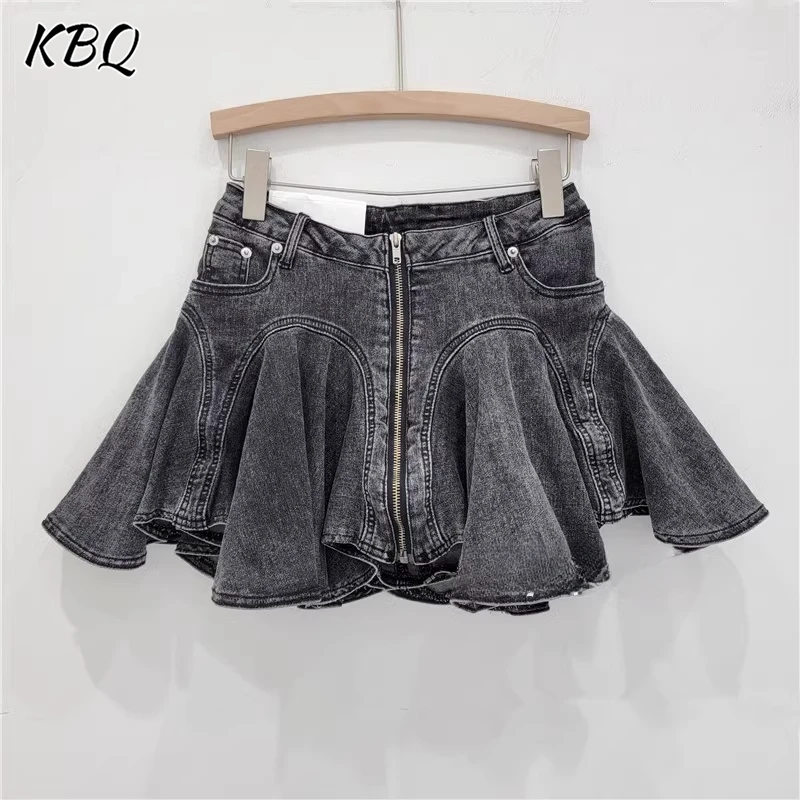 

KBQ Solid Spliced Zipper A Line Denim Skirts For Women High Wiast Irregular Ruffles Patchwork Folds Skirts Female Fashion Style