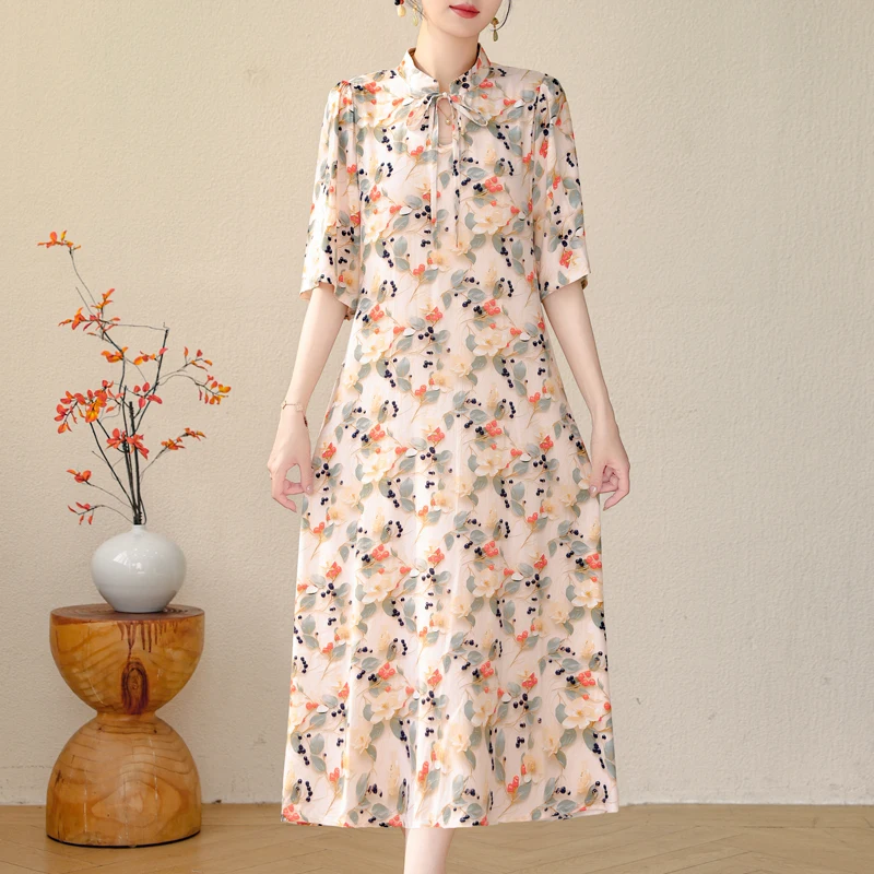 

Summer Elegant Dresses for Women 2024 Loose Half Sleeve Vintage Print Long Dress Middle-aged Women's Clothing