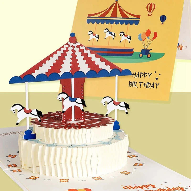 Carte d'anniversaire Top-3D avec la conception de conception de gâteau de carrousel, cartes d'anniversaire avec enveloppe pour la famille, amis, enfants, femmes