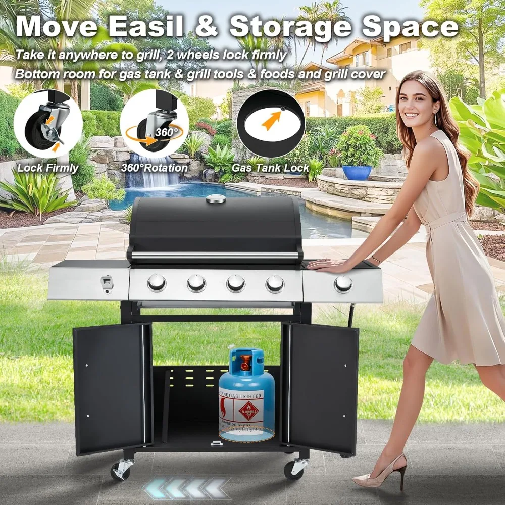 주철 창살 및 측면 스토브가 포함된 업그레이드된 4버너 바베큐 프로판 가스 그릴, 44,000 BTU 스테인레스 스틸 버너 바베큐 그릴