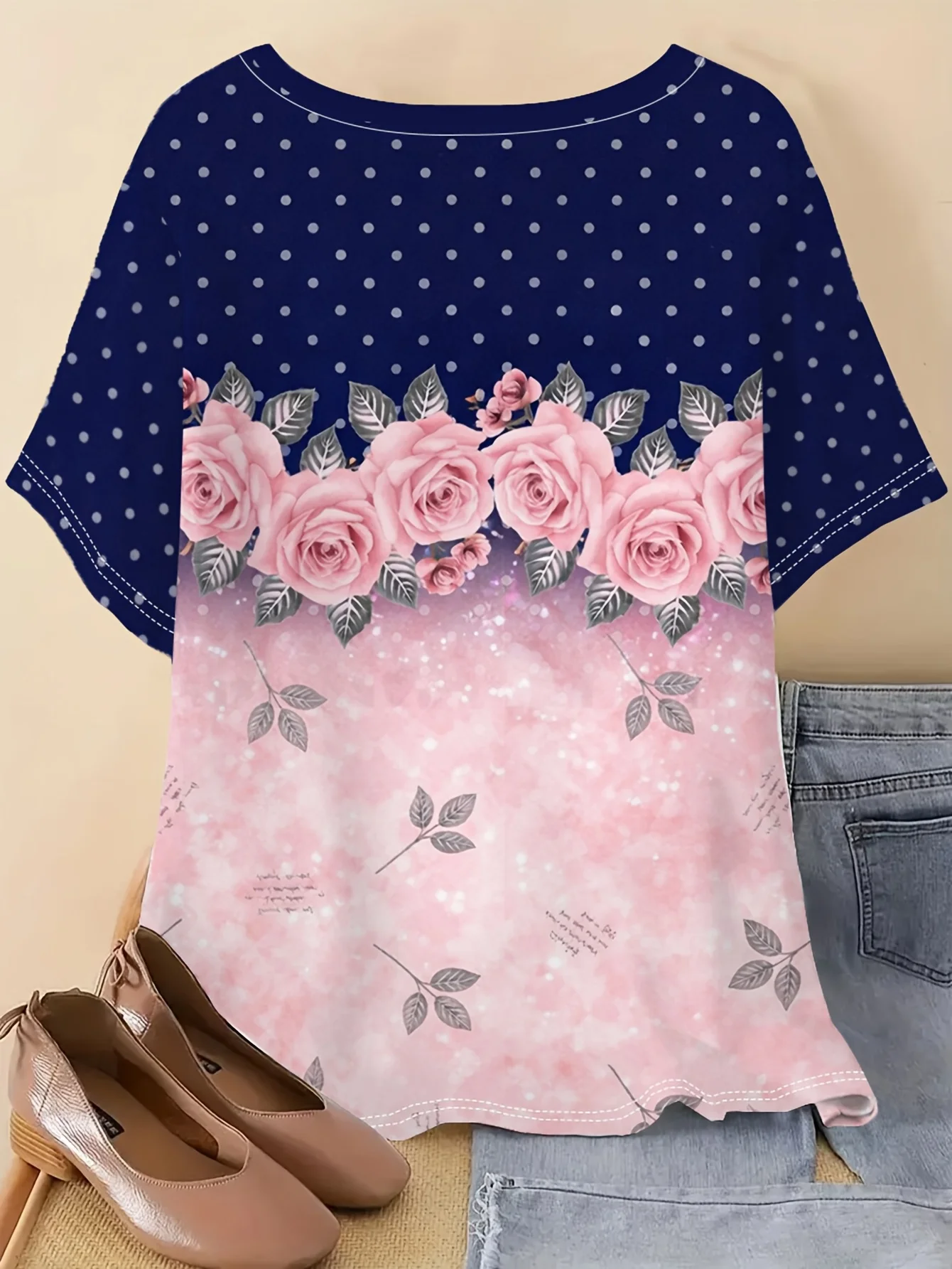New Women T‑Shirt Vintage Rose Polka Dot Print Round Neck Short Sleeve Tee Casual Streetwear Daily Fashion Tops Women's Clothes