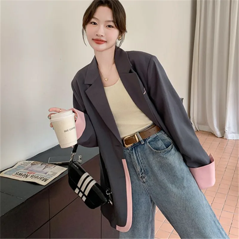 Chaqueta de traje gris para mujer, chaqueta holgada de manga larga con costuras contrastantes, prendas de vestir exteriores para primavera y otoño 2025