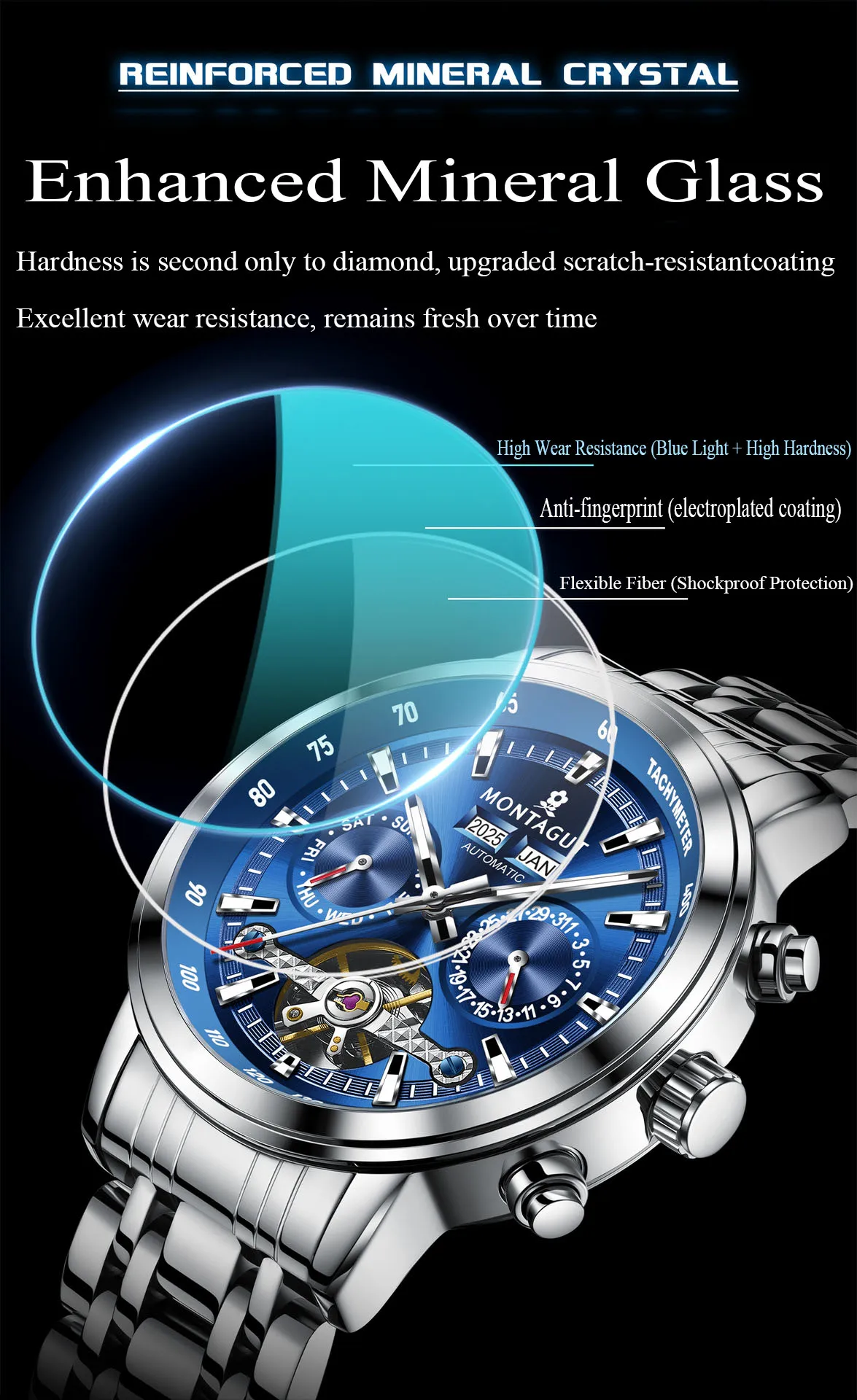 Hollow dial three eye mechanical watch for men, fully automatic mechanical watch, waterproof multifunctional men's watch