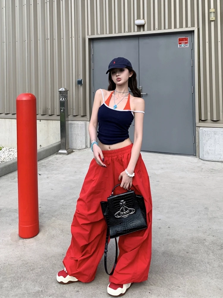 Y2K 레드 카고 바지 여성 하라주쿠 헐렁한 스웨트 팬츠 streetwear 와이드 레그 조깅 갸루 한국 캐주얼 바지 Paratrooper Workwea