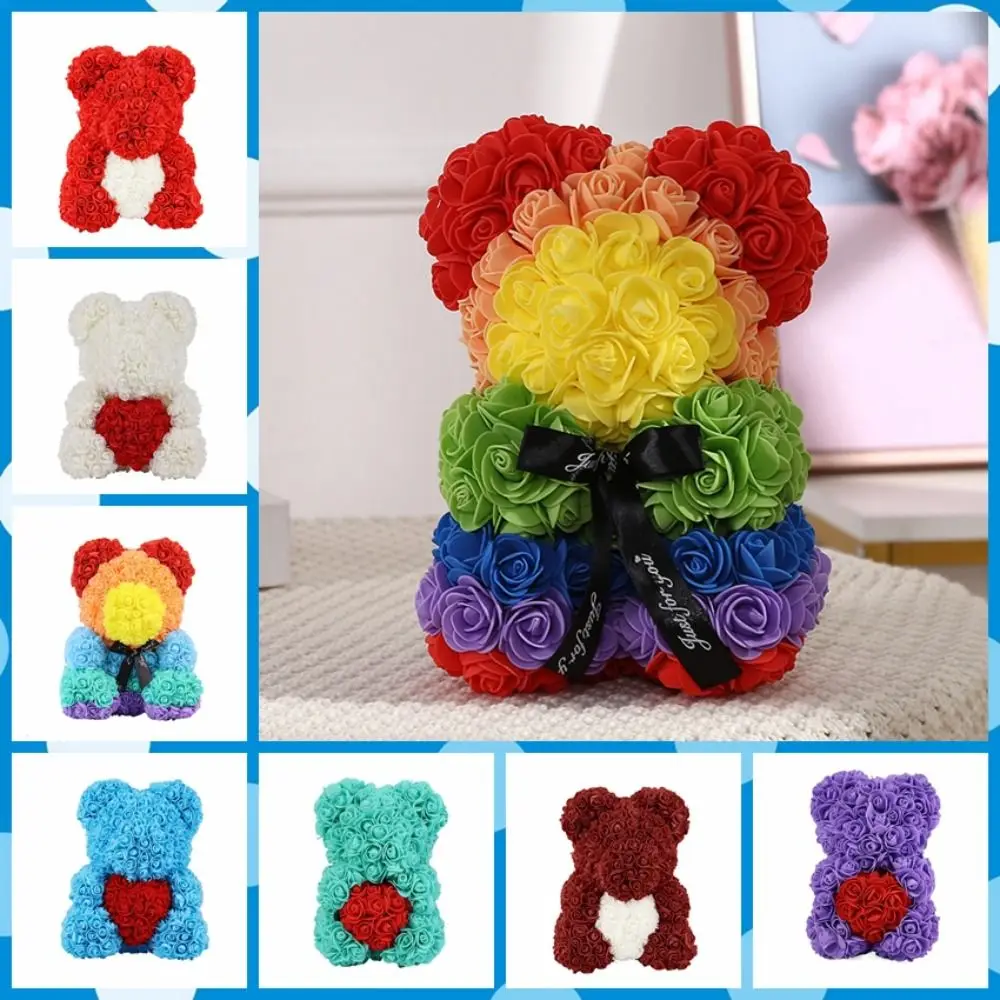 25cm Eternal Flower Rose Bear with Dust -proof Box Simulation Flower Artificial Flowers Red Rose Embracing Love Heart