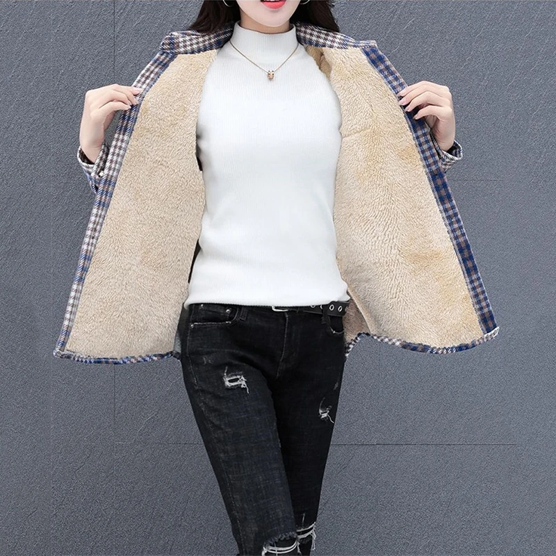 Spring Autumn Winter Add Velvet Plaid Shirt Frosted cotton Women\'s Shirt Blouse Long Sleeved Casual Warm Shirt Jacket 2024