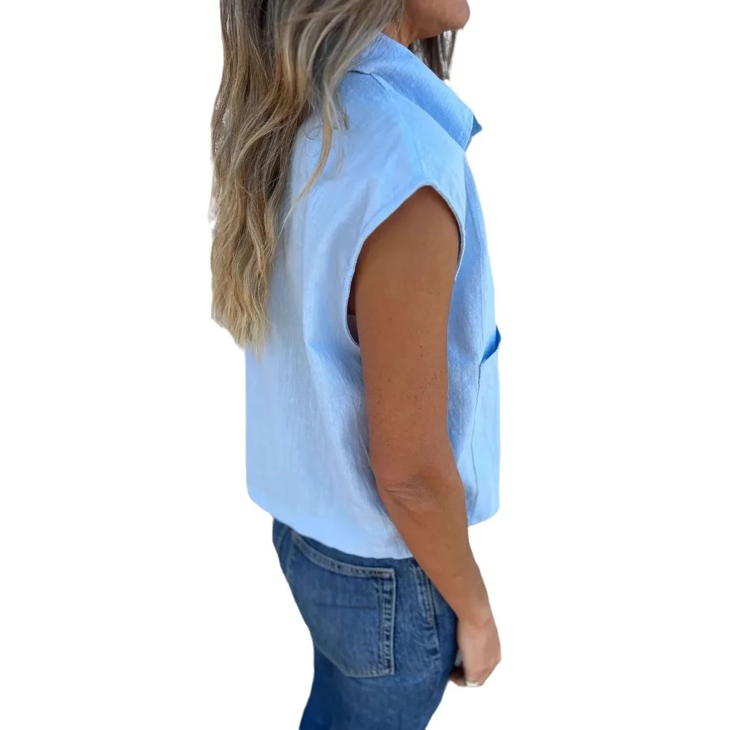 2025 новые модные американские европейские летние женские однотонные однобортные рубашки из хлопка и льна с отложным воротником без рукавов