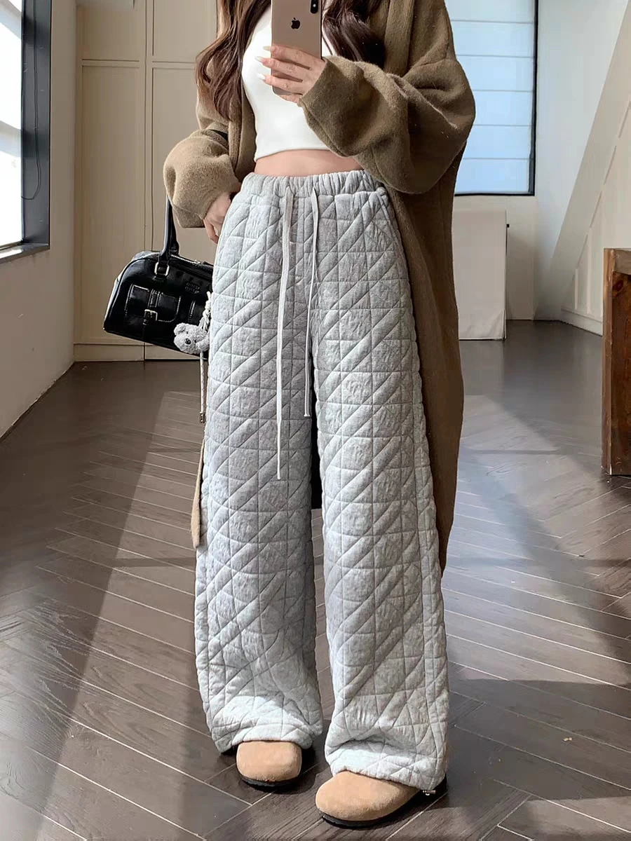 Women's Autumn Winter Cotton Padded Wide Leg Pants Lady Elastic Waist Loose Full Length Diamond Pattern Quilted Pants