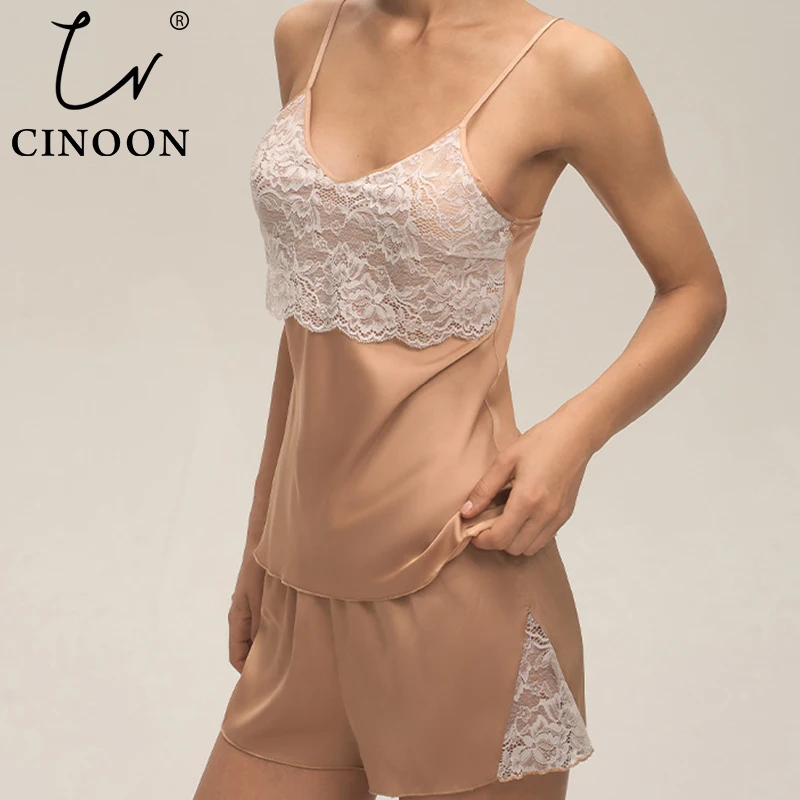 

CINOON Women's Sexy Satin Pajama Set Ice Silk Elegant Sleepwear Set Breathable Silky Nightwear Lace Transparent Intimates