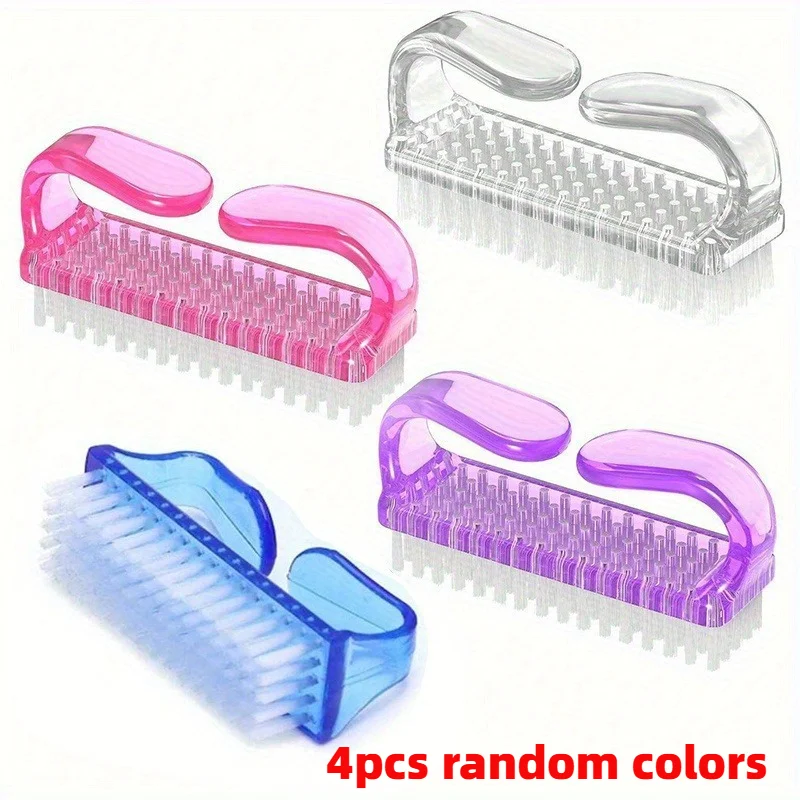 Escova de limpeza de unhas, 4 peças, escova de plástico para remoção de poeira, ferramentas para arte em unhas, cor aleatória, portátil, escova de limpeza multifuncional.