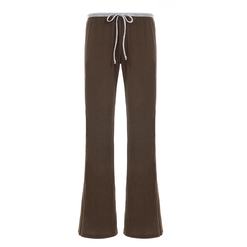 Casual Contrast Color Patchwork Knitted Pants Basic Bandage Low-Waisted Wide Leg Corduroy Pants Women 2025 Autumn Streetwear
