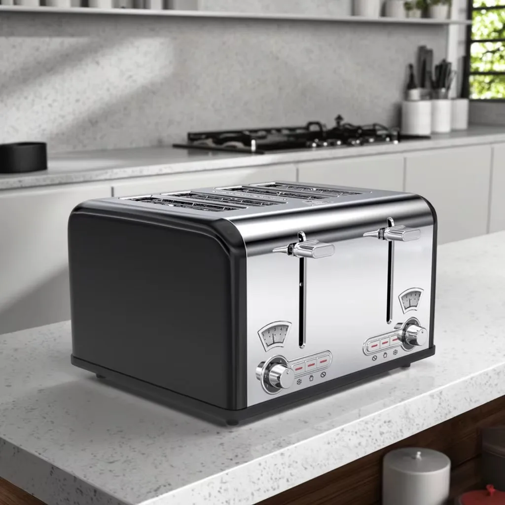 

Electric 4-Slice Extra Wide Slot Stainless Steel Bread Toaster 5-Level Browning Reheat Function Automatic Pop-Up Removable Crumb